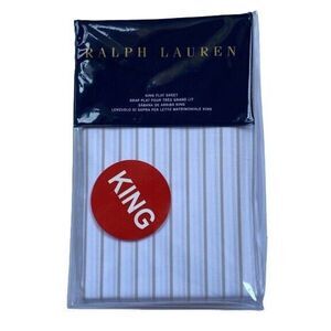 RALPH LAUREN PRESCOT STRIPE SUMMER BEIGE KING FITTED FLAT SHEET COTTON NEW $215